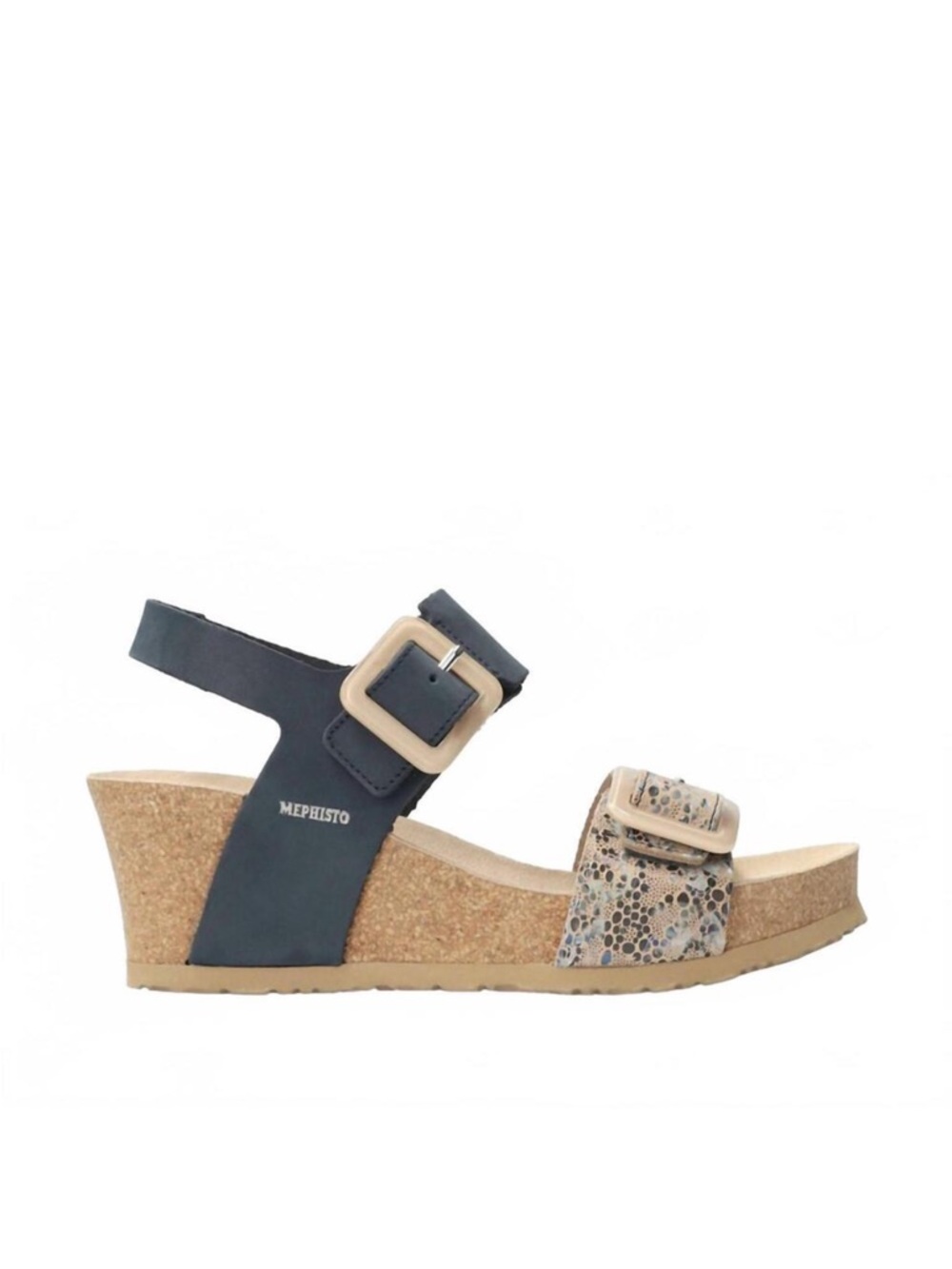 Mephisto Women's lissia Navy and Beige Cork Wedge Sandal with Buckles